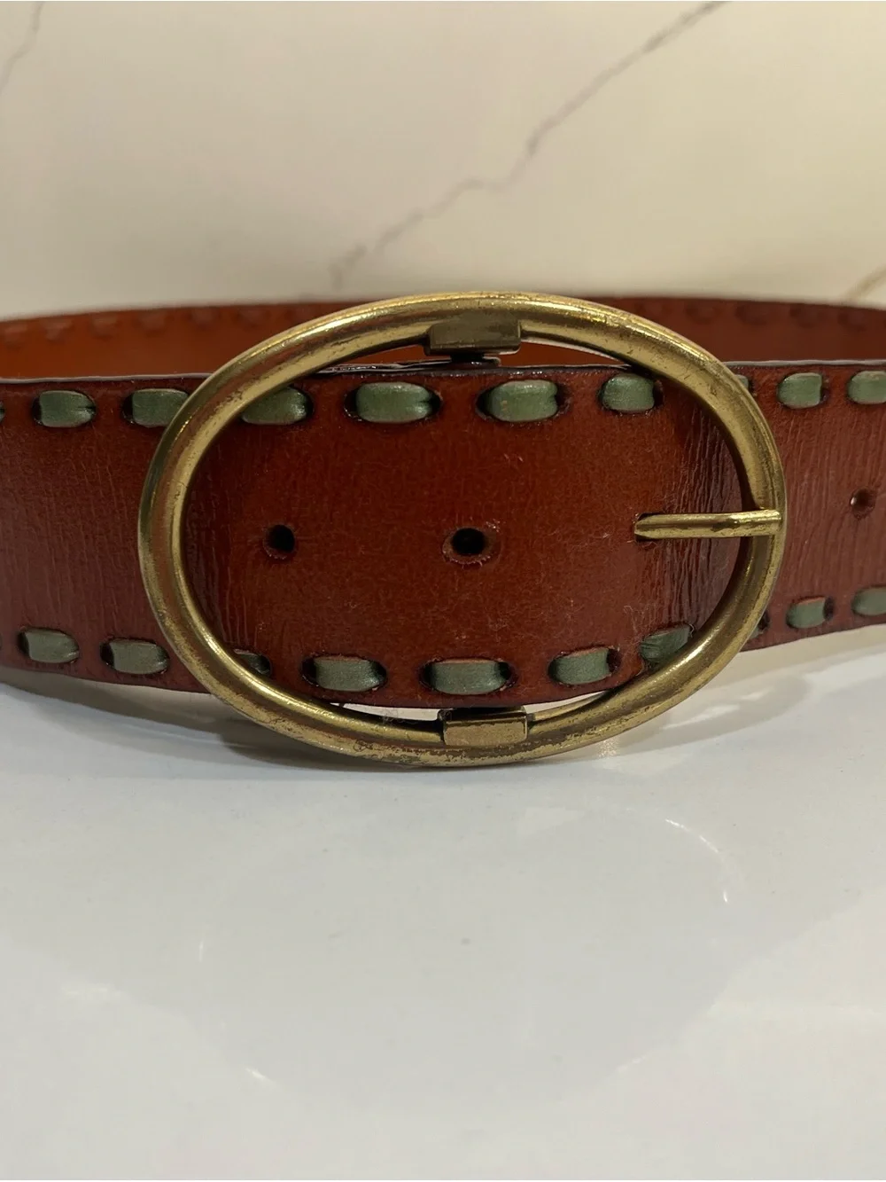 Genuine Leather Brown Statement Belt with Brass Oval Buckle